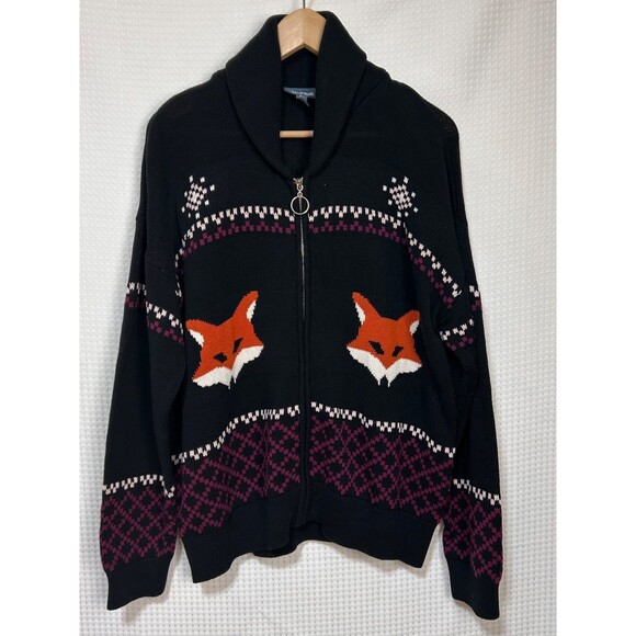 Modcloth Women's size XL No Fox Given Fair Isle Cardigan Sweater Black Full Zip - Picture 2 of 13